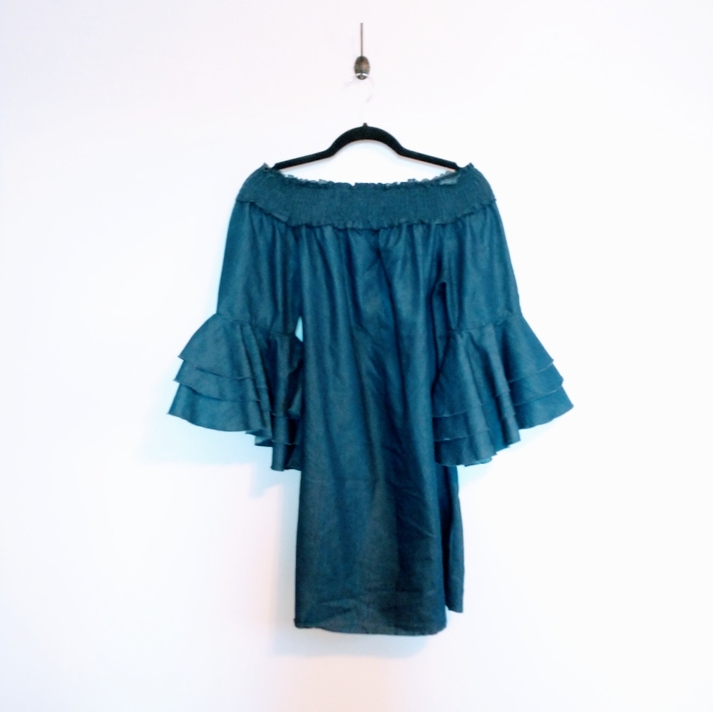 Off the shoulder blue dress with large ruffles sleeves size small